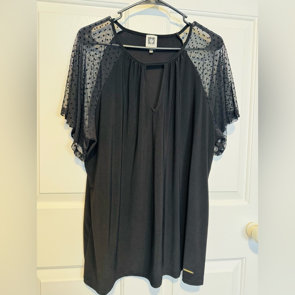 Anne Klein Black Blouse with Polka Dot Sheer Sleeves